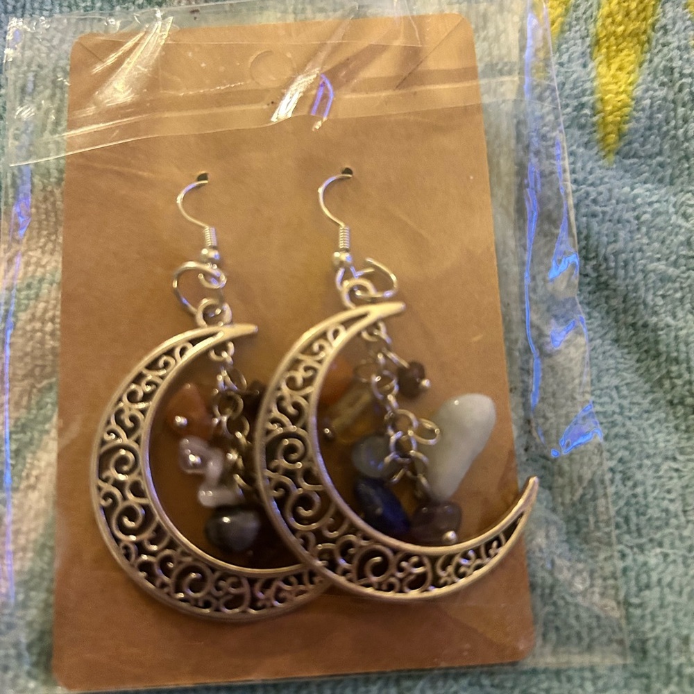 Celestial Silver Crescent Moon Earrings with Filigree and Star Charms